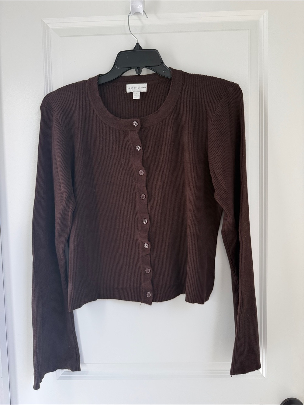 Pretty Lavish Ribbed Button-Front Cardigan in Chocolate Brown